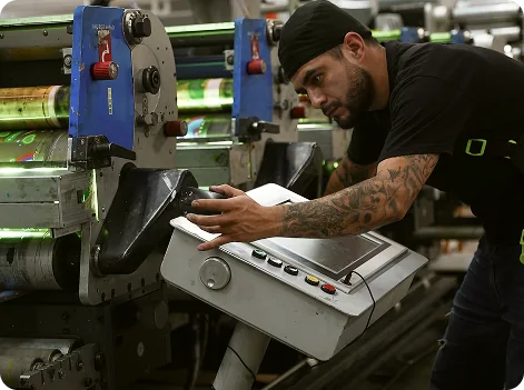 Operador de Mega Label trabajando en una máquina de impresión de etiquetas